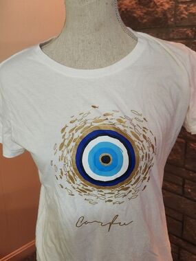 Corfu Greece Evil Eye Graphic Tee White Women's T-Shirt Large